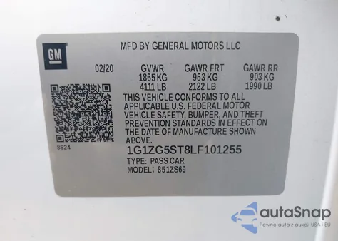 2020 Chevrolet Malibu Fwd Rs z USA, uszkodzony, nr VIN 1G1ZG5ST8LF101255